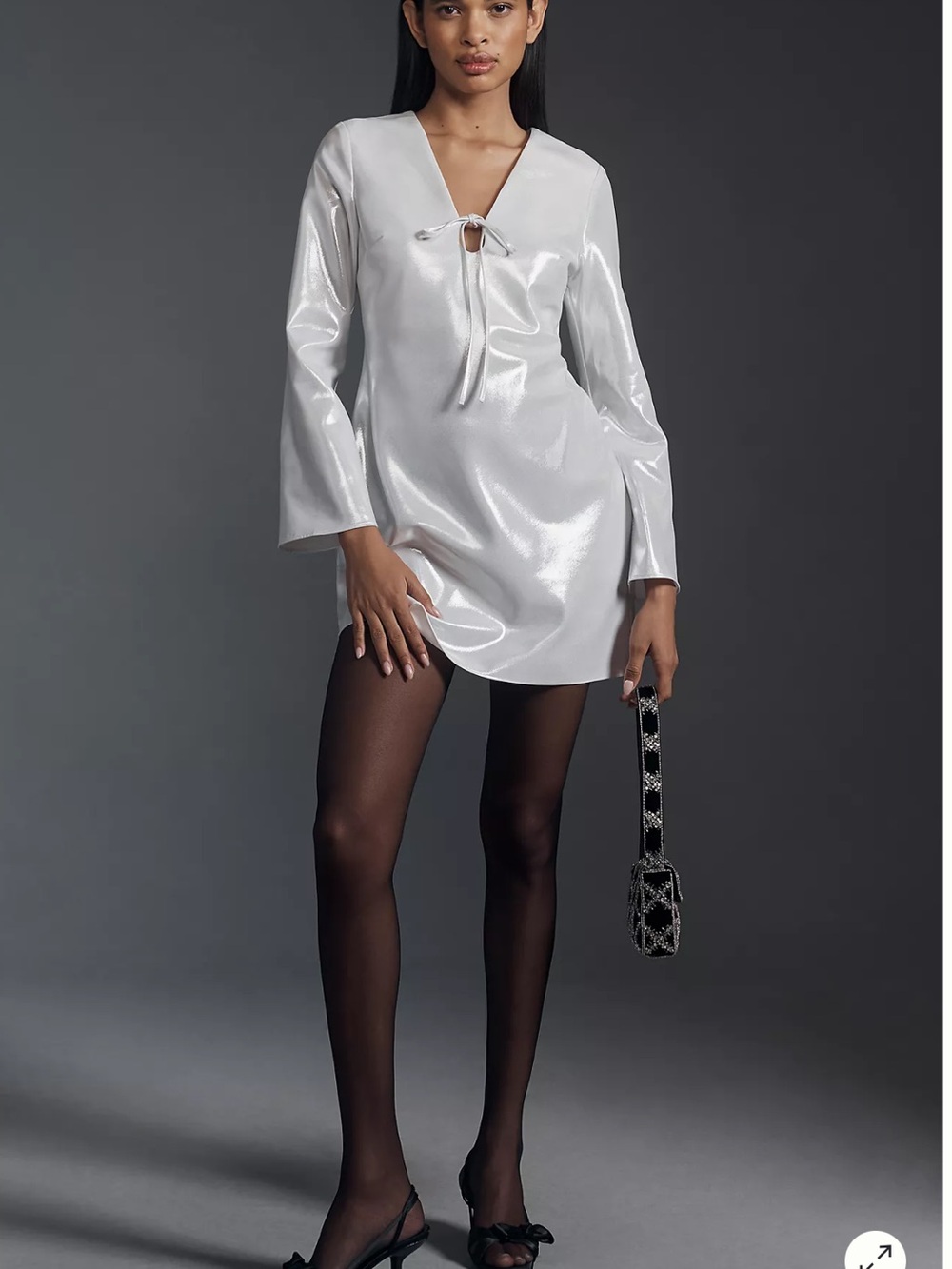 Anthropologie Shiny Metallic V-Neck Satin Tie-Front Mini Dress